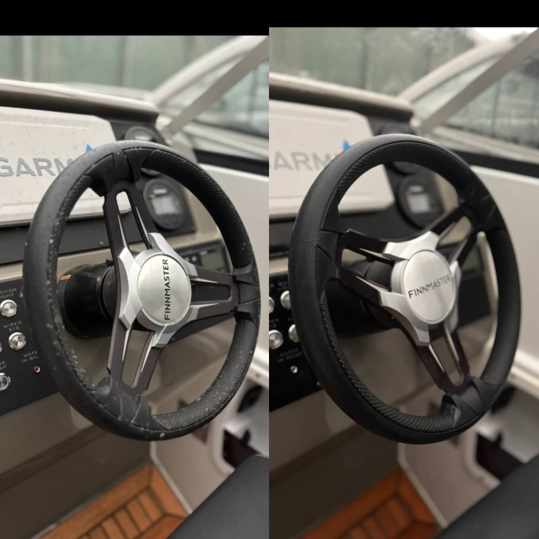 Finnmaster cockpit och teakdäck efter rekond